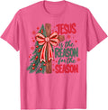 Jesus The Reason for The Season Leopard Christmas Tree Bow T-Shirt - Pink Heather