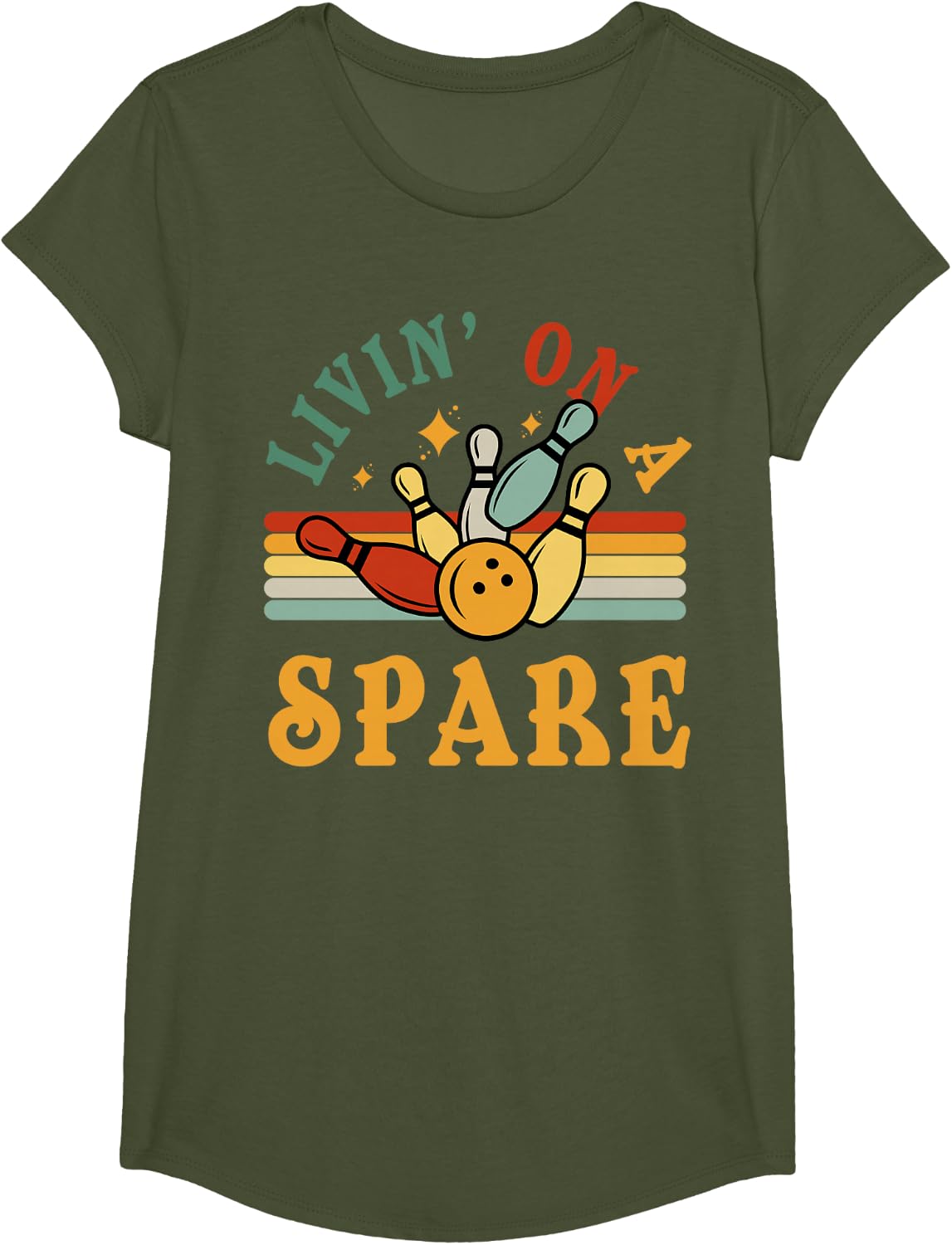 Retro Living On Spare Funny Men Women Bowler Vintage Bowling T-Shirt - Girls Olive Green