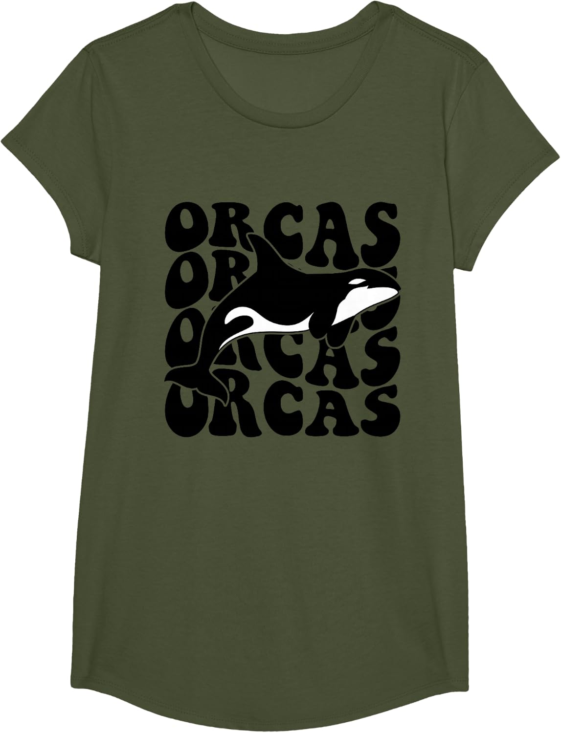 Orcas - Orca Whale Groovy Retro T-Shirt - Girls Olive Green