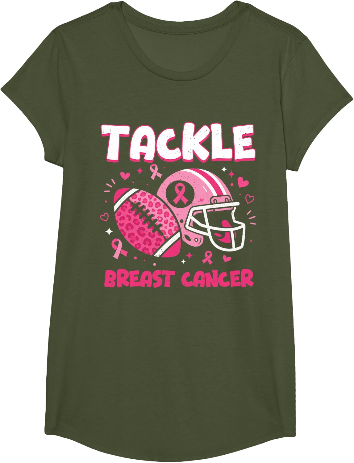 Breast Cancer Awareness Football Pink Ribbon Men Women Kids T-Shirt - Girls Olive Green