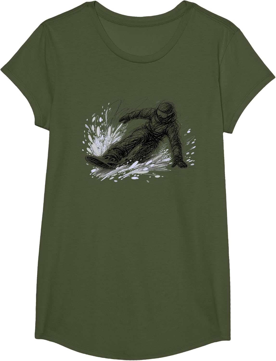 Snowboarding Winter Sports Scribble Rider T-Shirt - Girls Olive Green