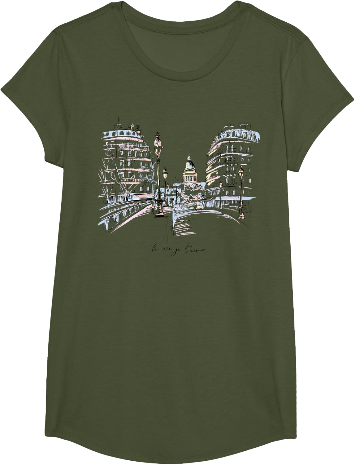 Beautiful Paris Sketch with French La Vie je T'aime Paris T-Shirt - Girls Olive Green