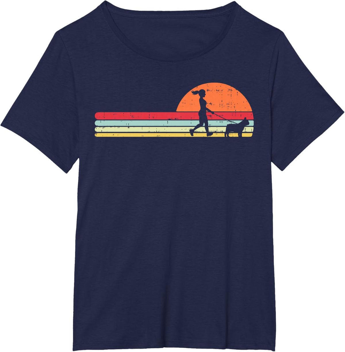 Girl Walking French Bulldog Retro Frenchie Dog Walker Gift T-Shirt - Navy Blue