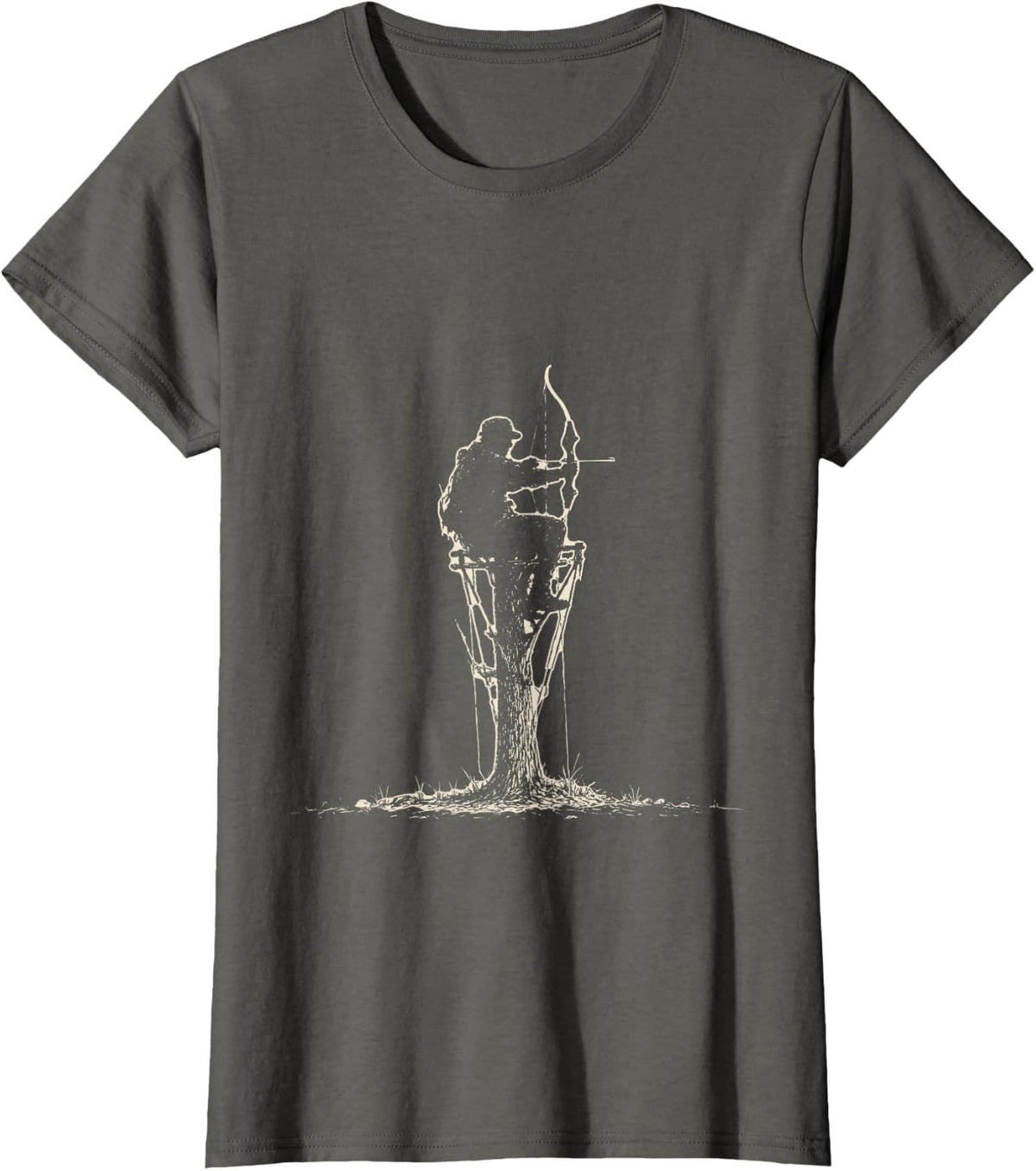 Vintage Tree Stand Hunter Ink Drawing Deer Season T-Shirt - Asphalt Grey