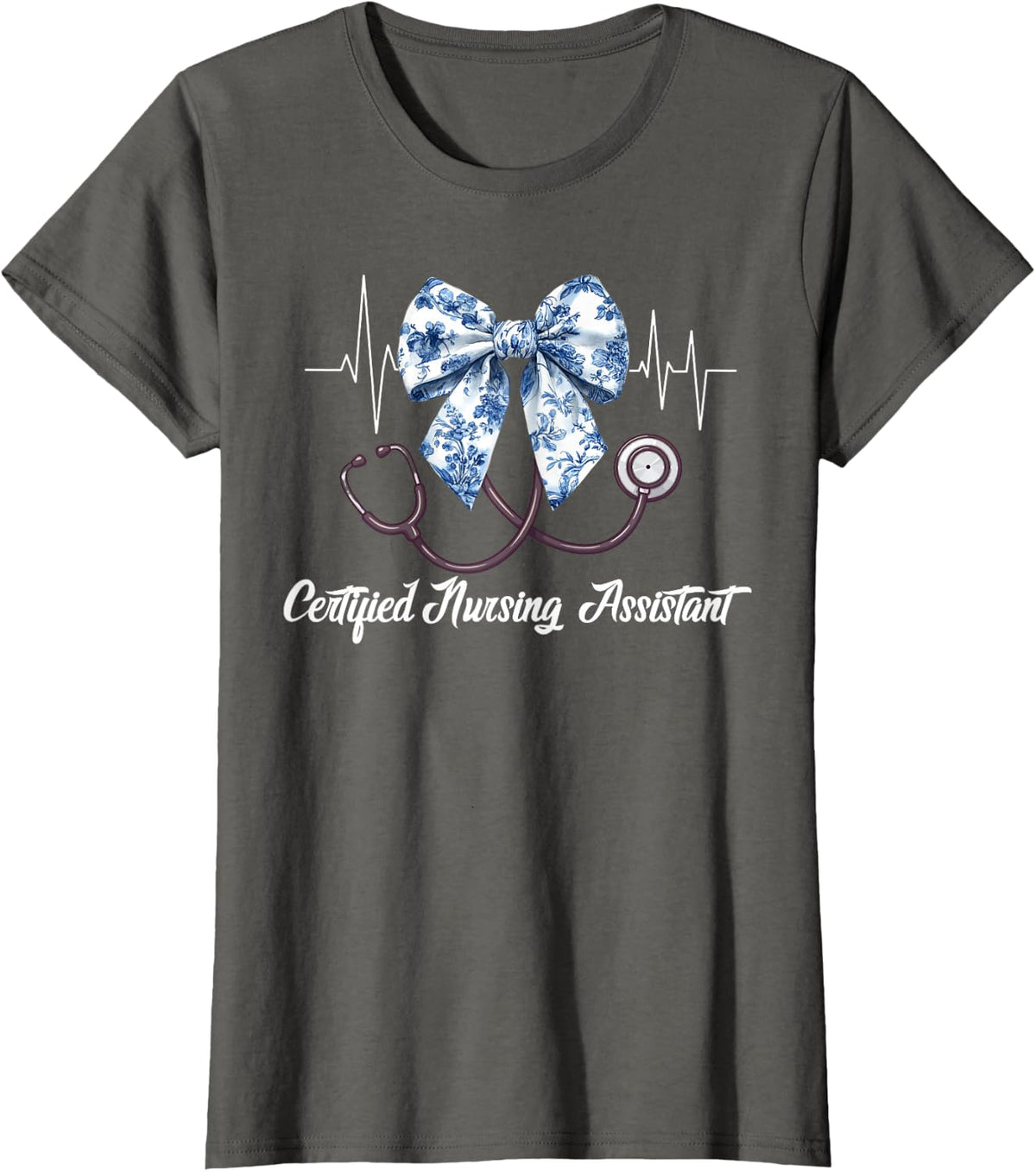 Certified Nursing Assistant CNA Shirt Stethoscope Blue Toile Bow Tee T-Shirt - Asphalt Grey
