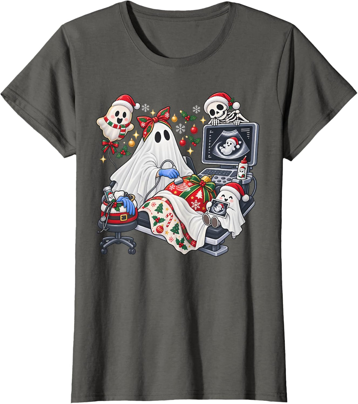 Christmas Cute Ghost Santa Sonographer Ultrasound Tech MFM T-Shirt - Asphalt Grey