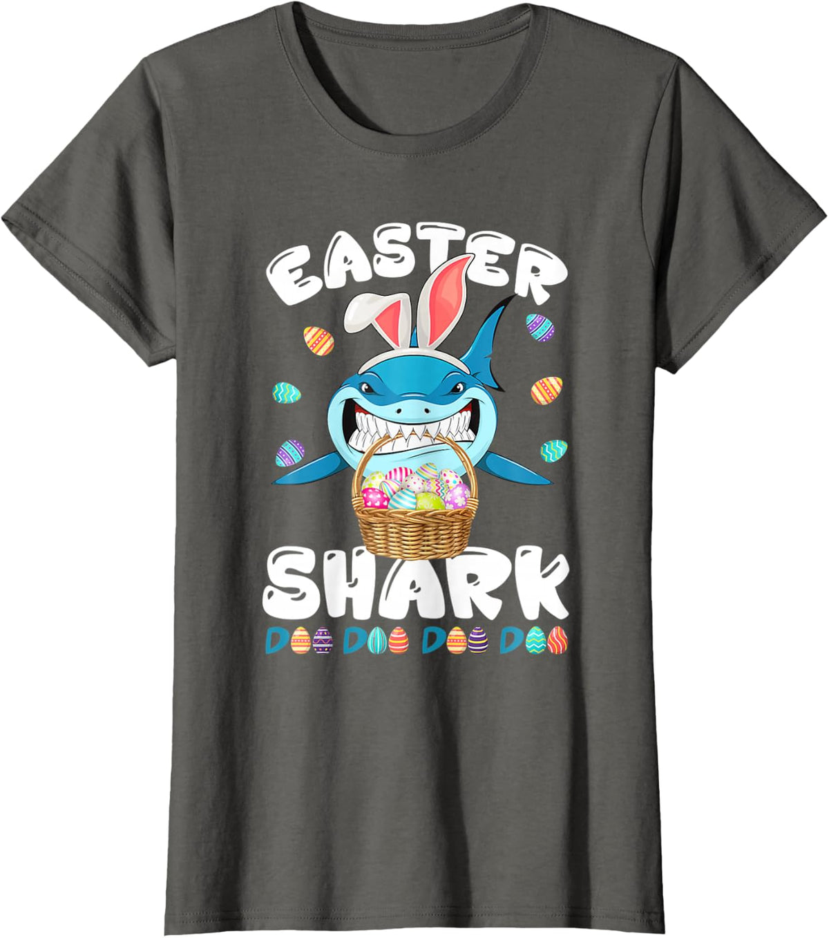 Cute Shark with Easter Basket and Bunny Ears Happy Easter T-Shirt - Asphalt Grey