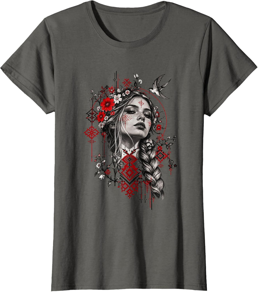 Slavic Girl Flower Crown Swallow Folklore Polish Folk Art T-Shirt - Asphalt Grey