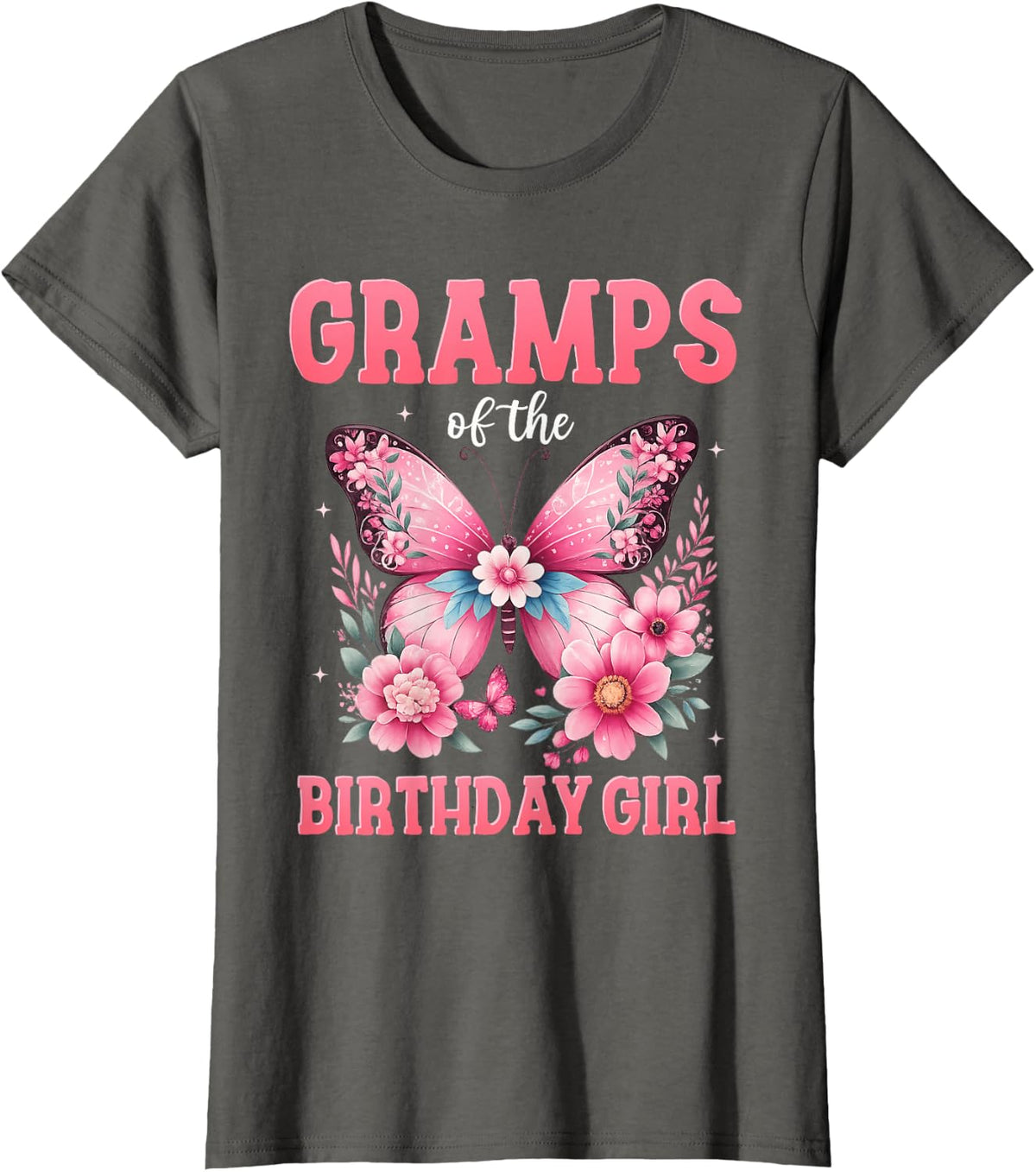 Gramps of The Birthday Girl Butterfly Flower Family T-Shirt - Asphalt Grey