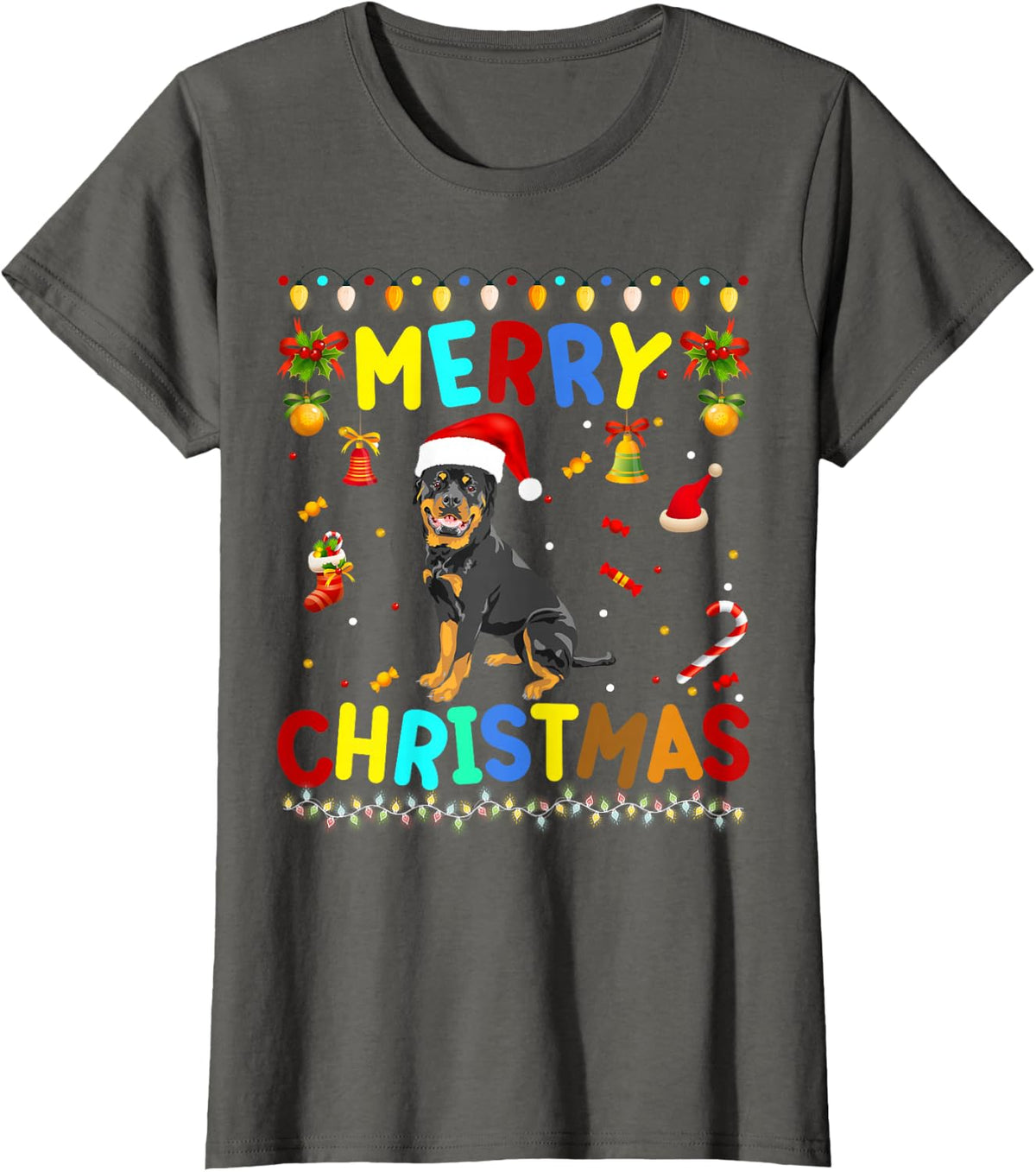 Merry Christmas Staffordshire Bull Terrier Santa Hat Lights T-Shirt - Asphalt Grey