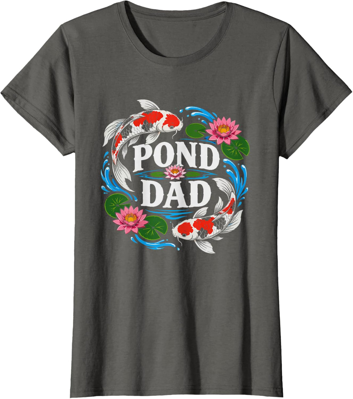 Koi Pond Dad Floral Fish Art Botanical Father Hobby T-Shirt - Asphalt Grey