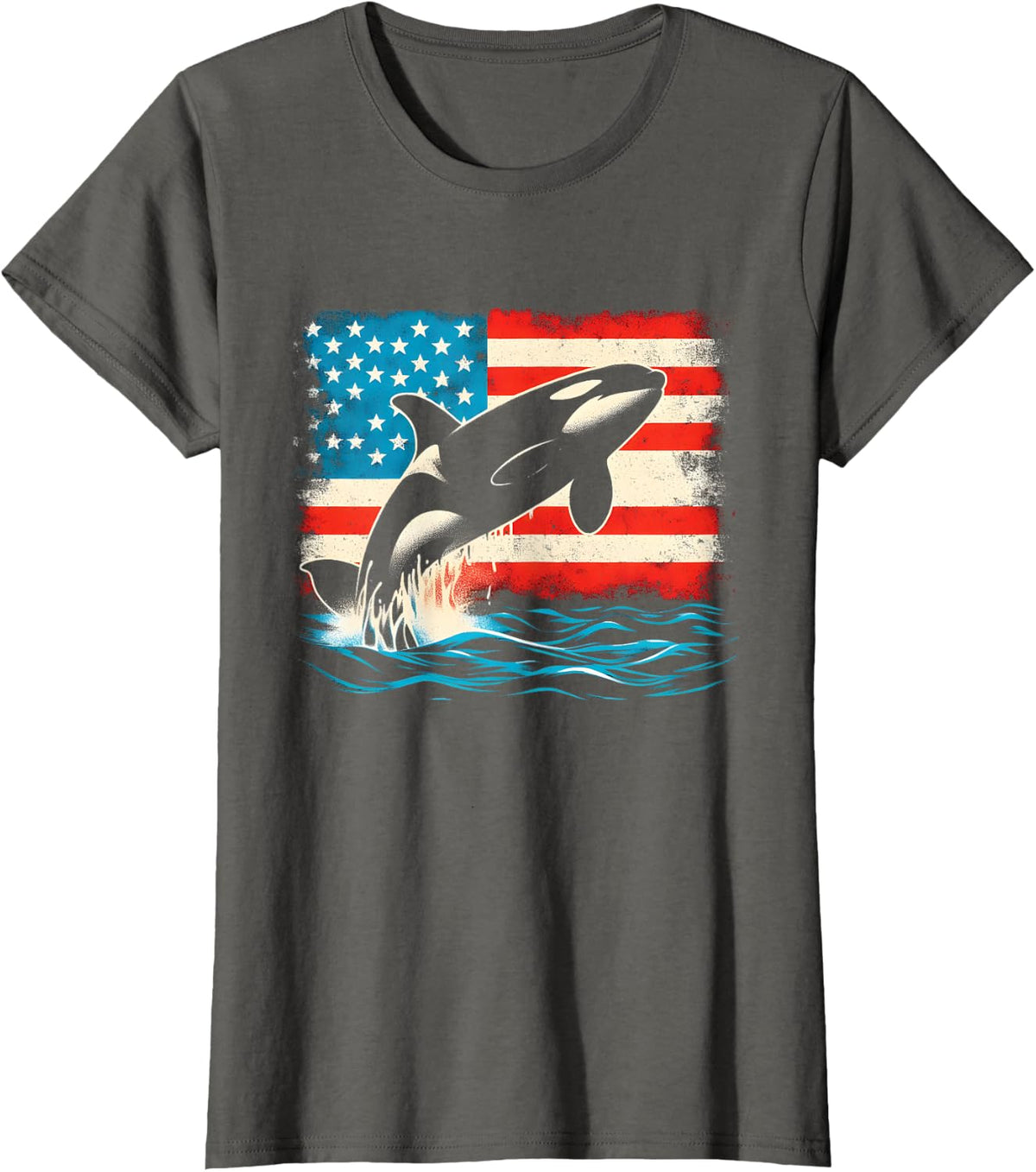 Orca American Flag T-Shirt - Patriotic USA Ocean Whale Lover Tee for Men Women Kids - Asphalt Grey