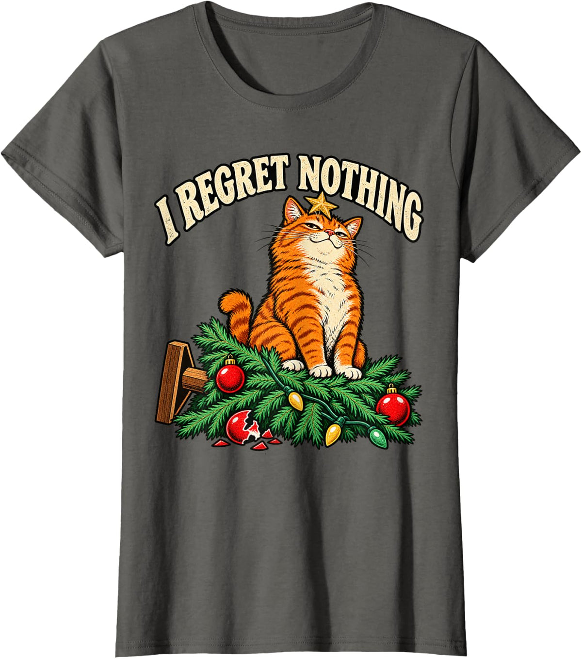 Funny Ginger Cat Christmas Tree Decorating Mess T-Shirt - Asphalt Grey