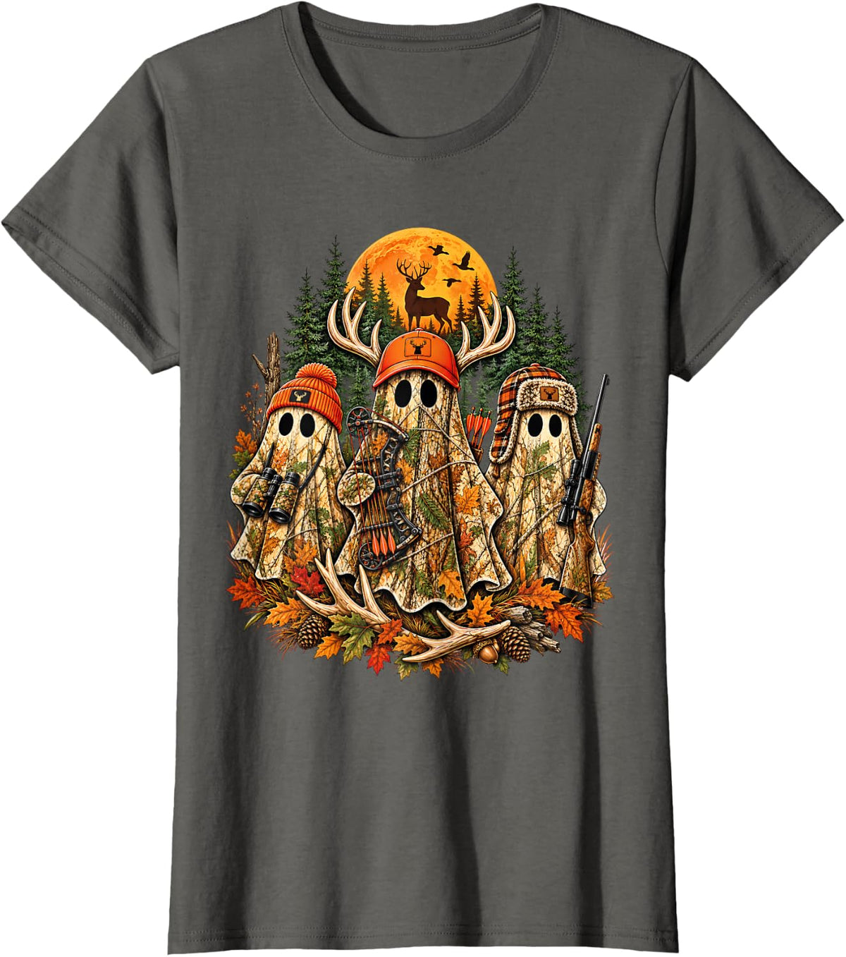 Camo Ghost Deer Hunting Halloween Bow Hunter Whitetail T-Shirt - Asphalt Grey