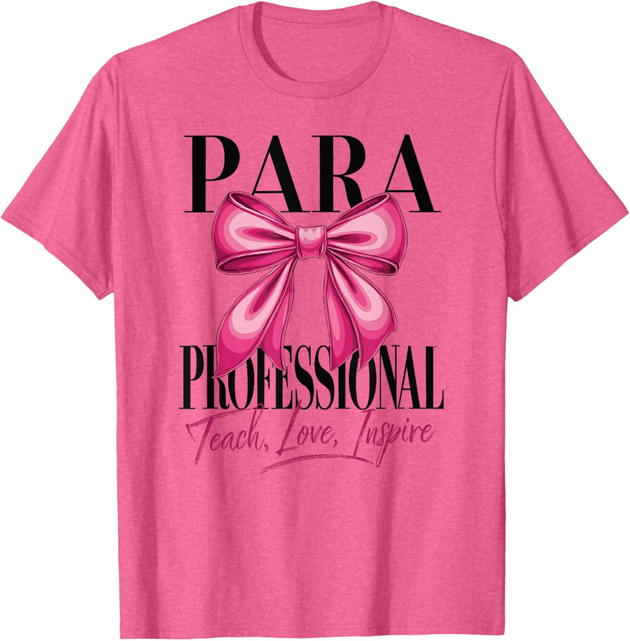 Paraprofessional Coquette Bow School Para Squad Teacher Aid T-Shirt - Pink Heather