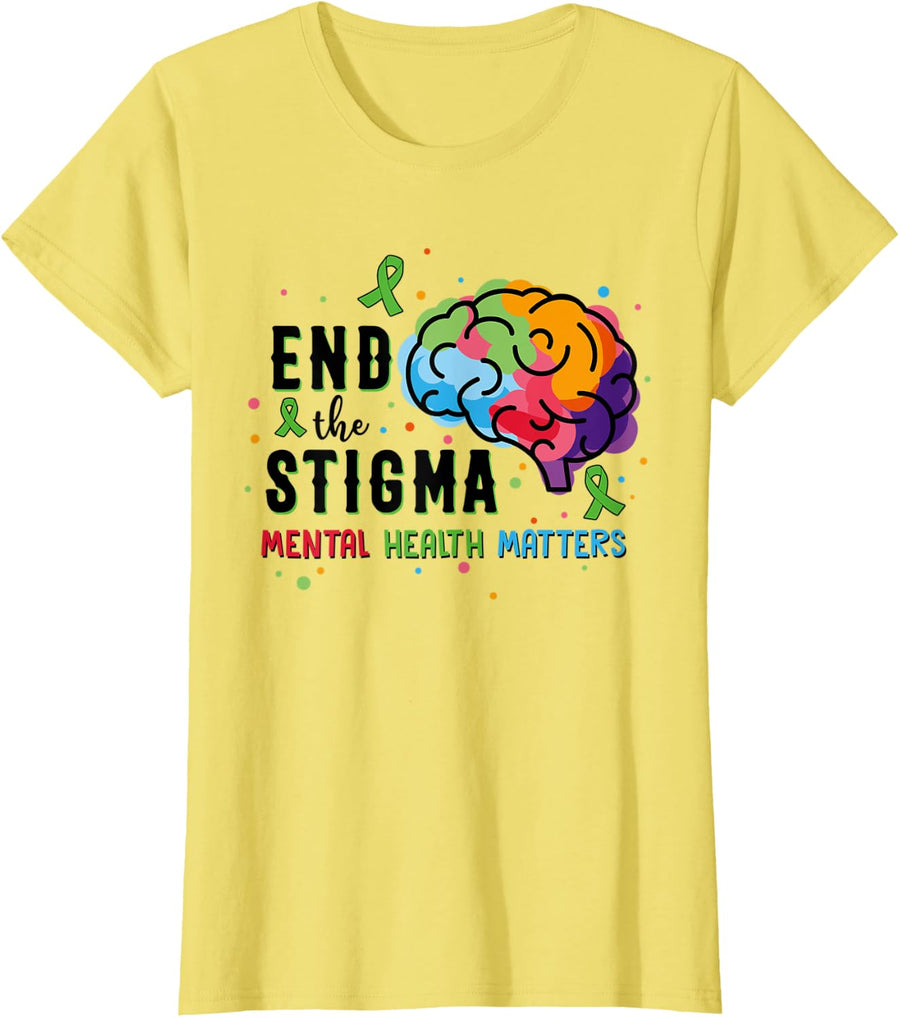 Green Ribbon End The Stigma Mental Health Awareness T-Shirt - Lemon Yellow