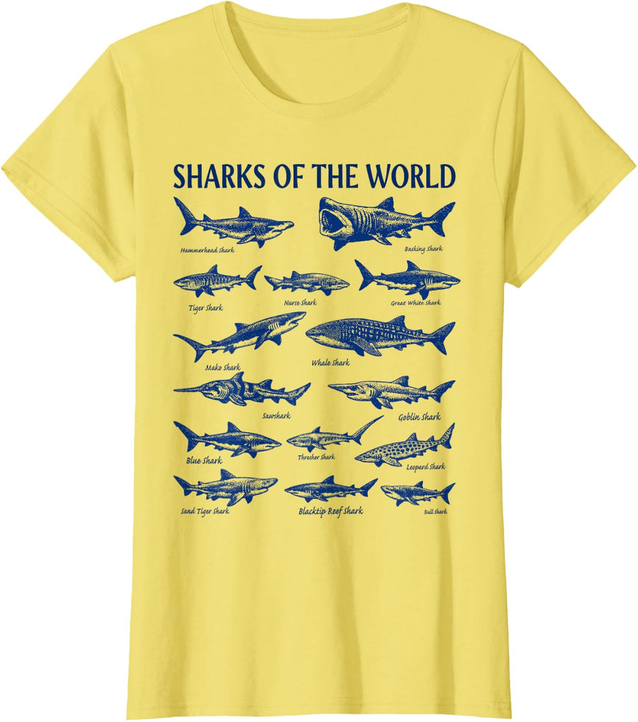 Sharks of the World Vintage Ocean Marine Life Guide T-Shirt - Lemon Yellow