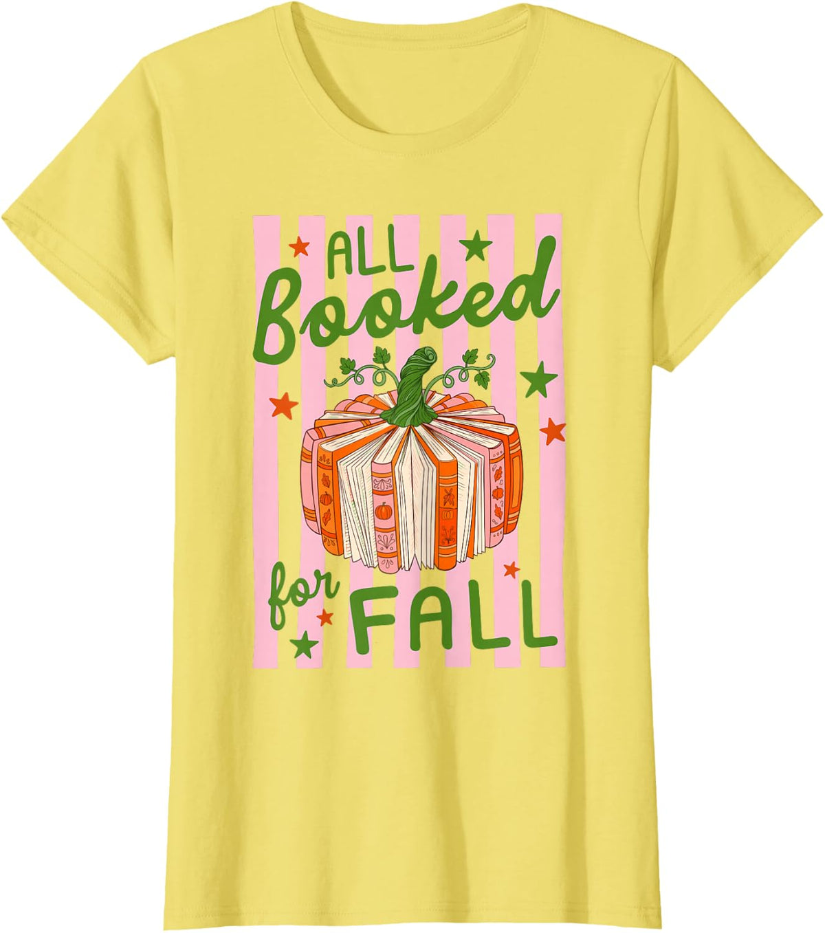 Striped All Booked for Fall Pumpkin Bookworm Reading Teacher T-Shirt - Lemon Yellow