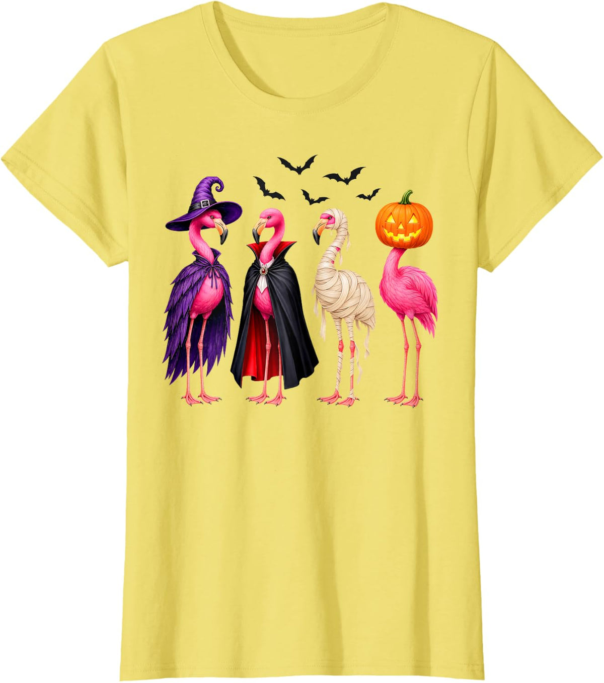 Flamingo Halloween Costume Witch Vampire Mummy Pumpkin Bats T-Shirt - Lemon Yellow