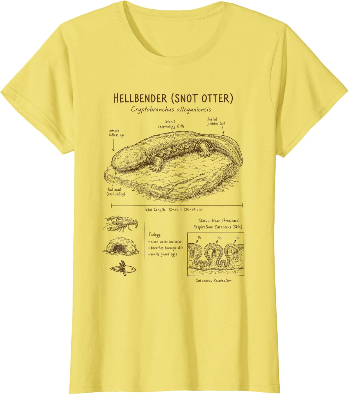 Hellbender Detailed Anatomy Snot Otter Wildlife Zoologist T-Shirt - Lemon Yellow