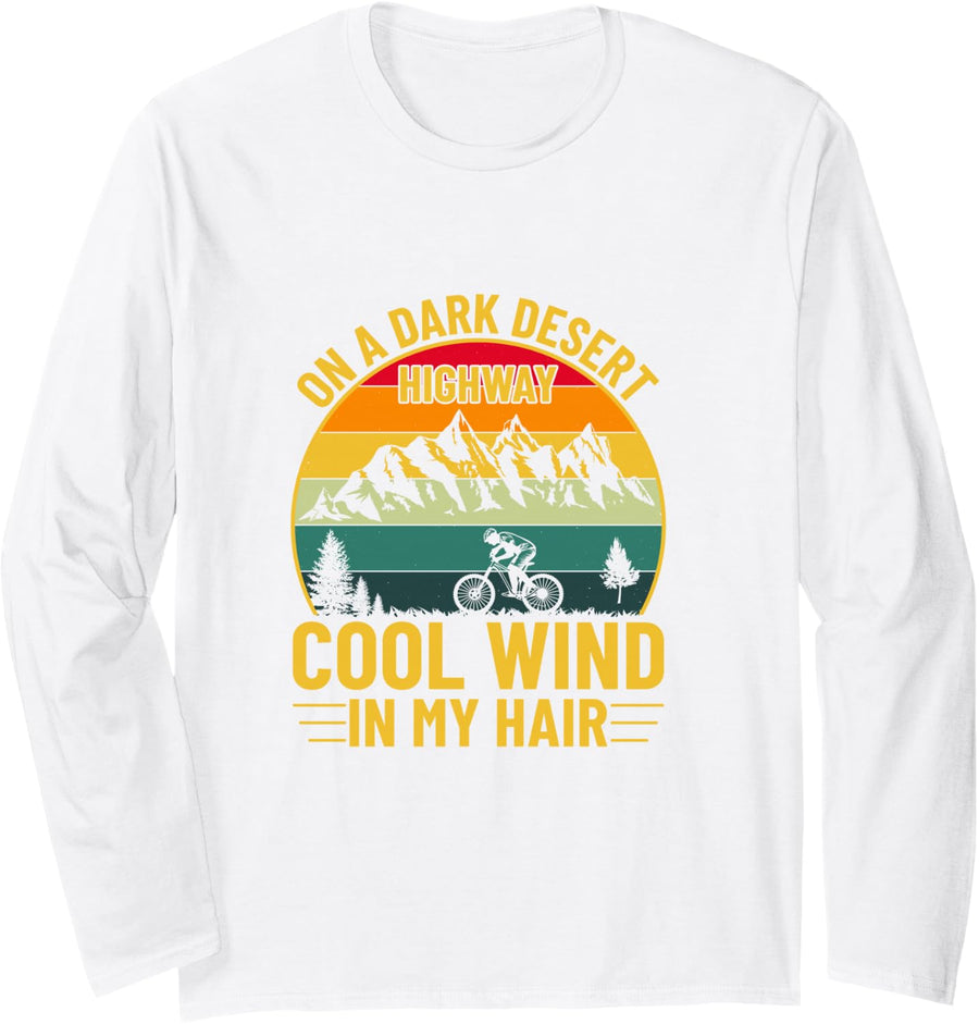 Vintage Dark Desert Highway Cool Wind Cyclist Graphic Long Sleeve T-Shirt - Adult Unisex White