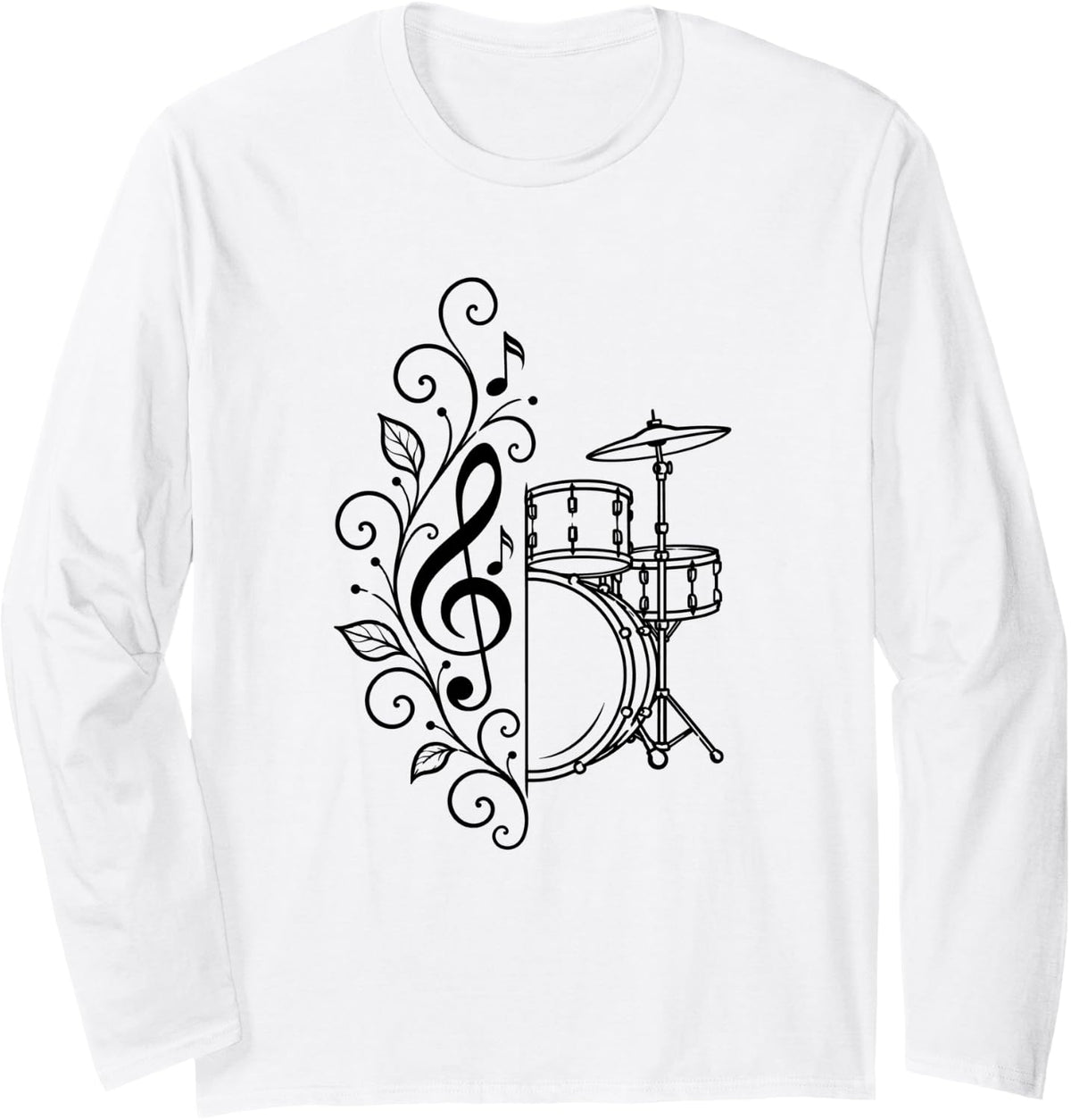 Drummer Floral Drum Set Clef Musical Percussionist Musician Long Sleeve T-Shirt - Adult Unisex White