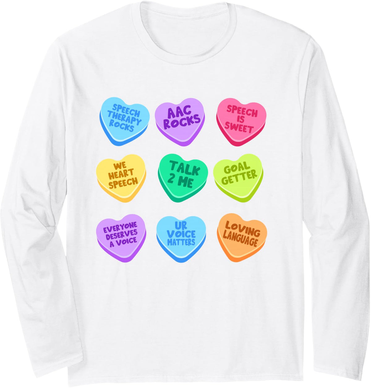 SLP Valentine's Day Pastel Candy Heart SLPA Speech-Language Long Sleeve T-Shirt - Adult Unisex White