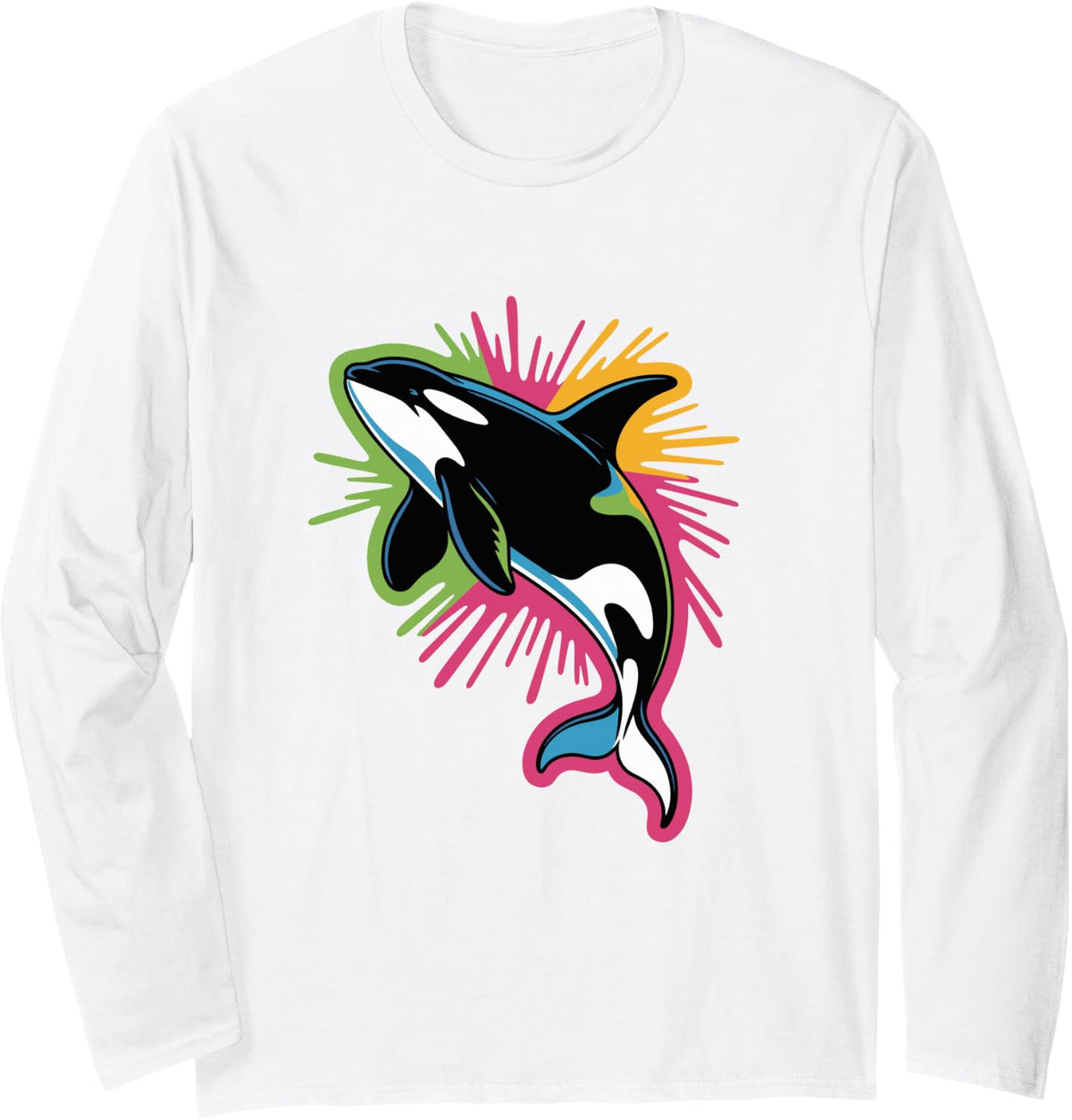 Vibrant Orca Jumping Ocean Design Long Sleeve T-Shirt - Adult Unisex White