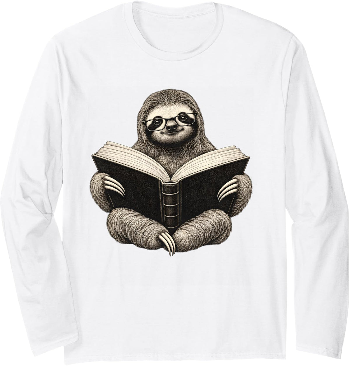 Reading Sloth with Glasses Book Lover Library Funny Humor Long Sleeve T-Shirt - Adult Unisex White