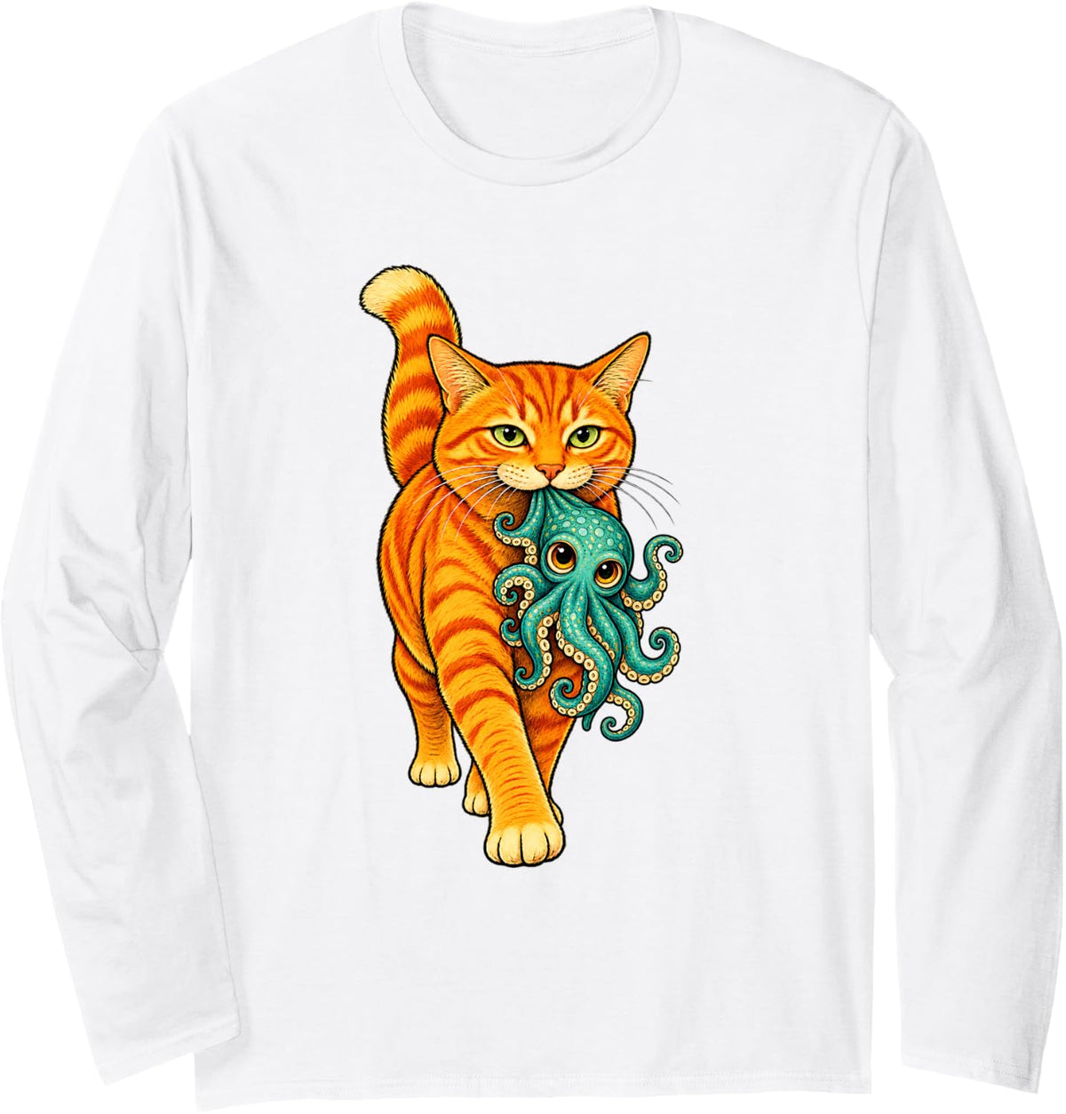 Orange Cat Carrying Cute Octopus Kraken Sea Creature Art Long Sleeve T-Shirt - Adult Unisex White