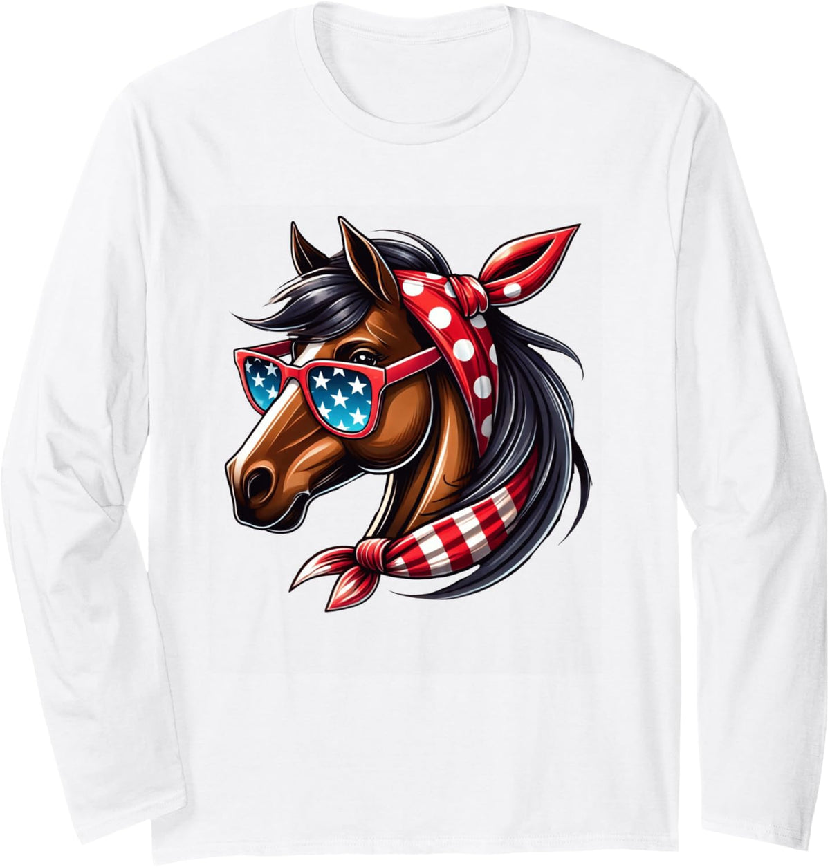 Horse 4th of July Shirt Women Girls Horse American USA Flag Long Sleeve T-Shirt - Adult Unisex White