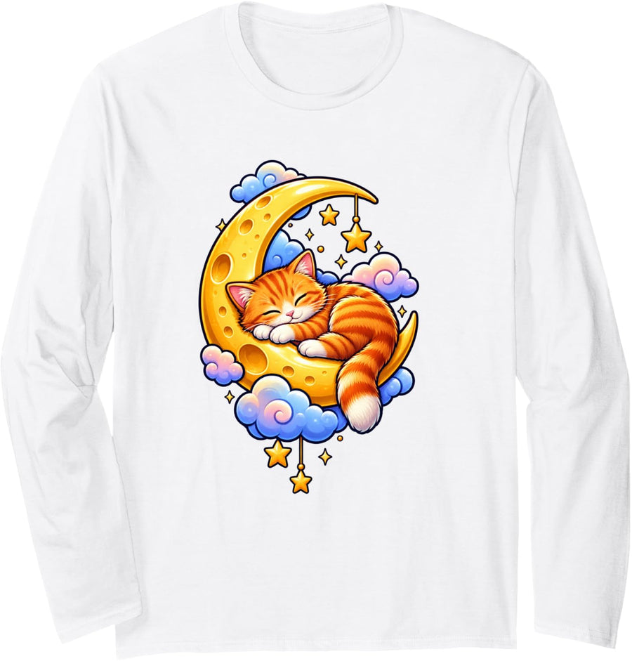 Sleeping Ginger Cat on Crescent Moon with Stars Long Sleeve T-Shirt - Adult Unisex White