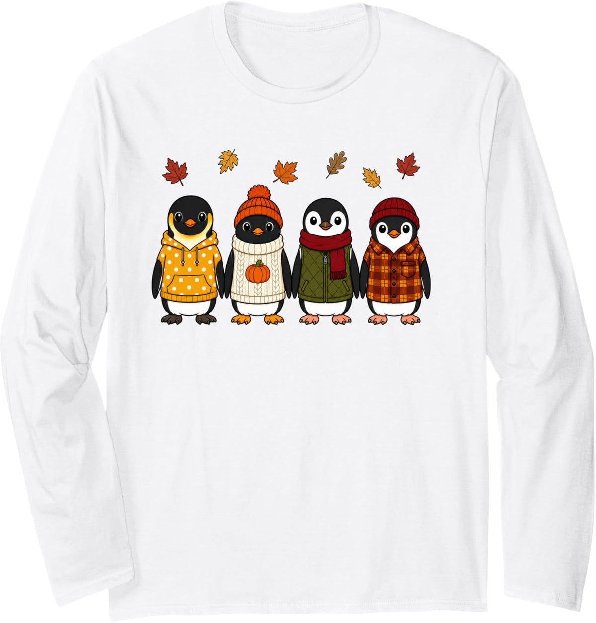 Penguin Fall Autumn Season Pumpkin Long Sleeve T-Shirt - Adult Unisex White