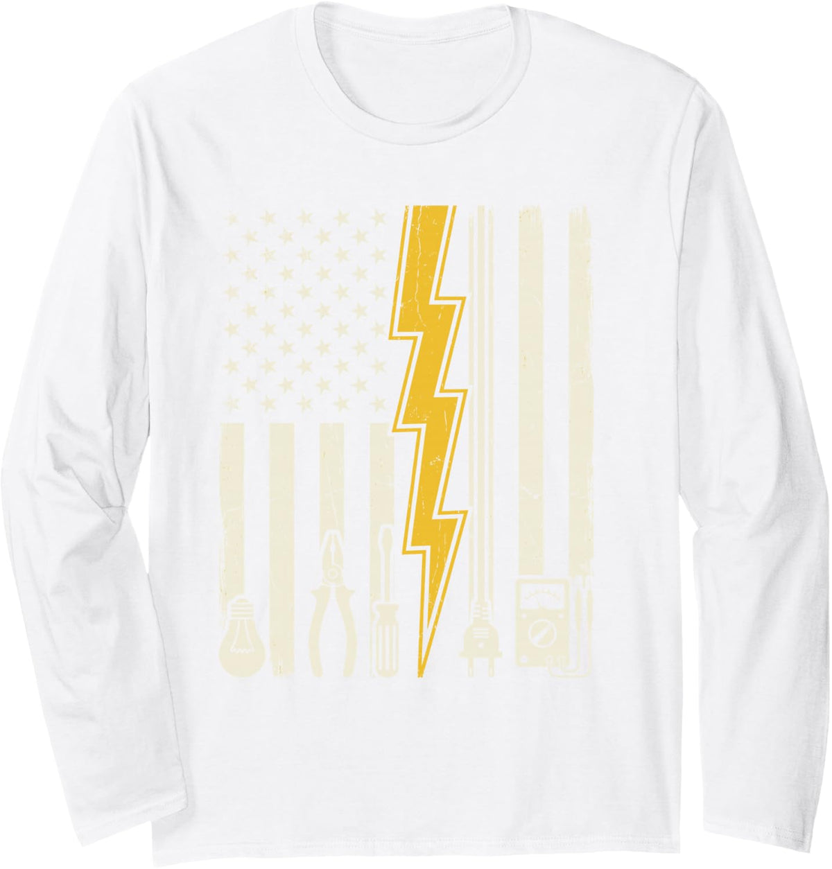 Electrician American US Flag Electrical Tools Lightning Tee Long Sleeve T-Shirt - Adult Unisex White