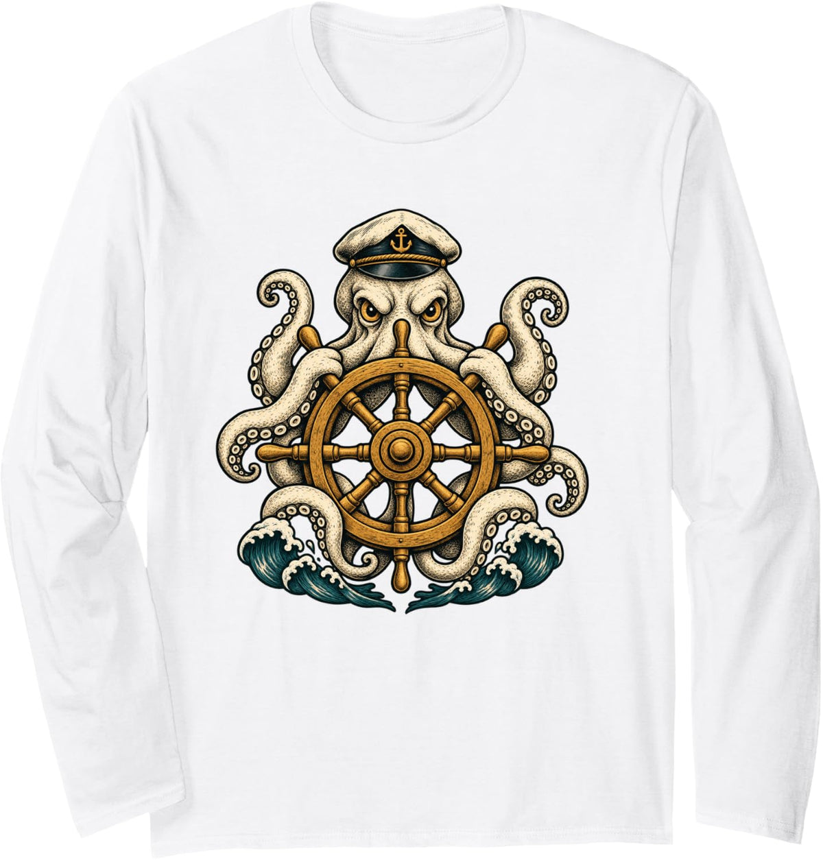 Vintage Octopus Captain Nautical Sailing Long Sleeve T-Shirt - Adult Unisex White