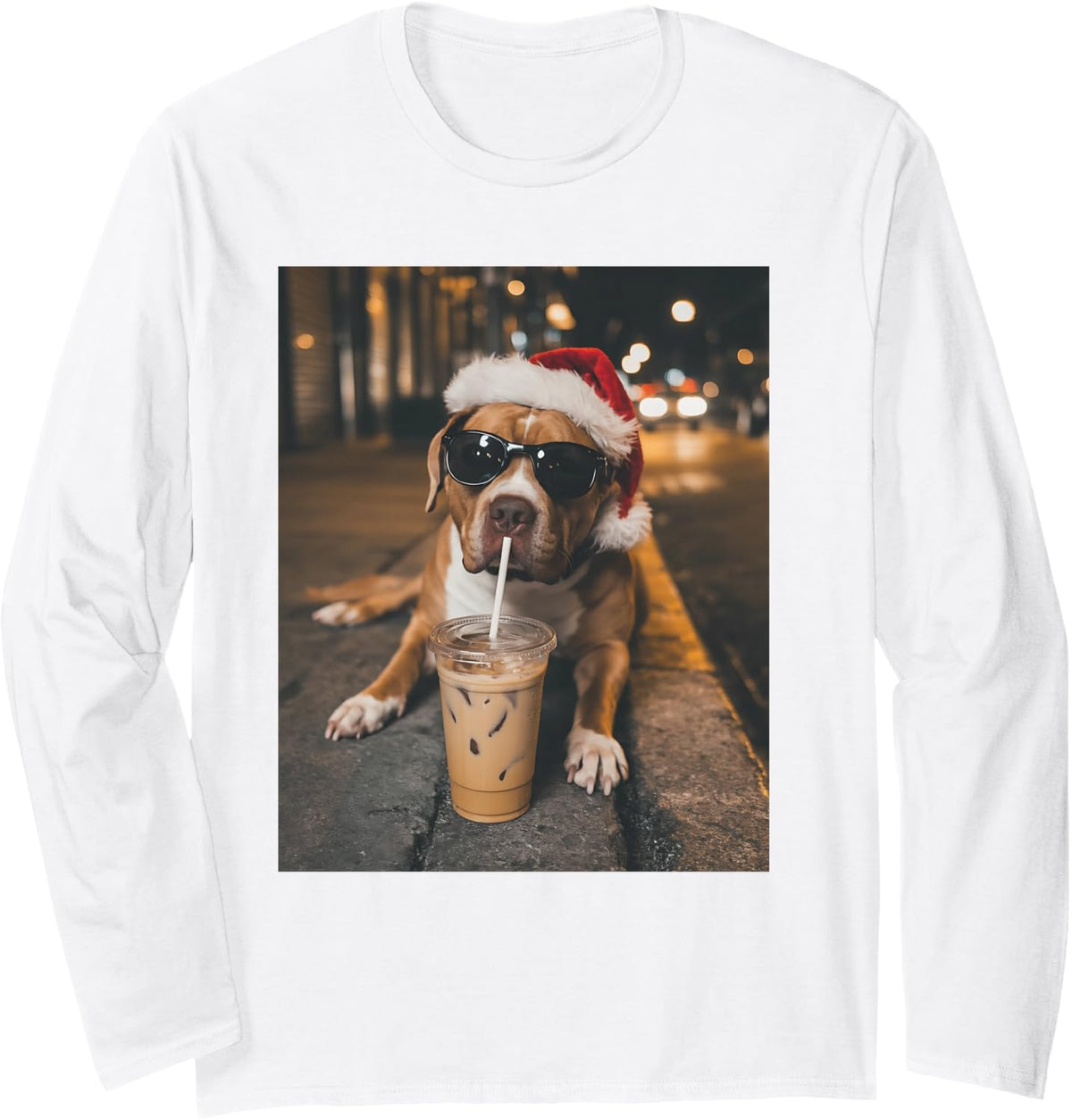 Amstaff Terrier Drinking Iced Coffee Santa Christmas Long Sleeve T-Shirt - Adult Unisex White