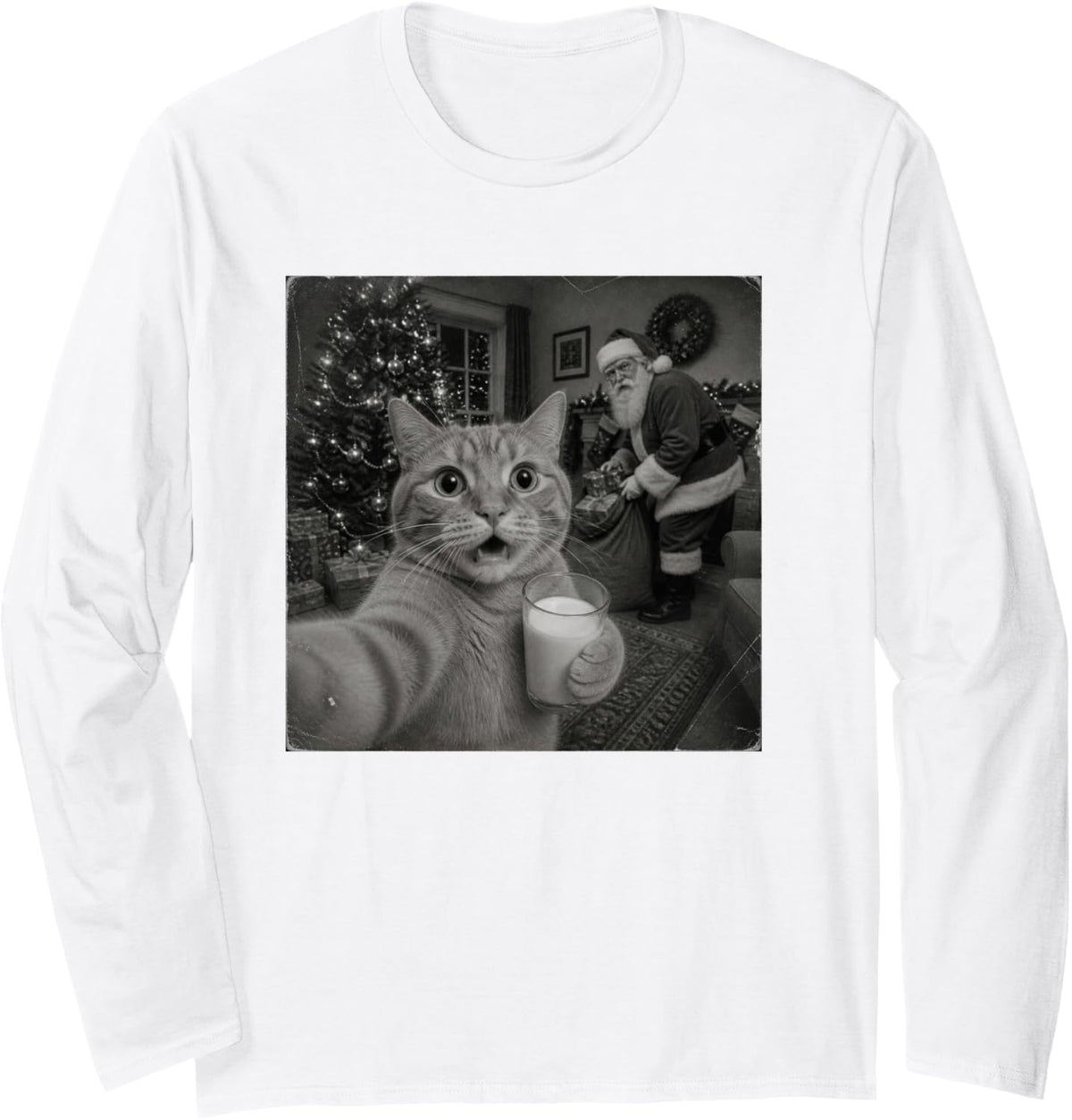 Funny Christmas Ginger Cat Long Sleeve T-Shirt - Adult Unisex White