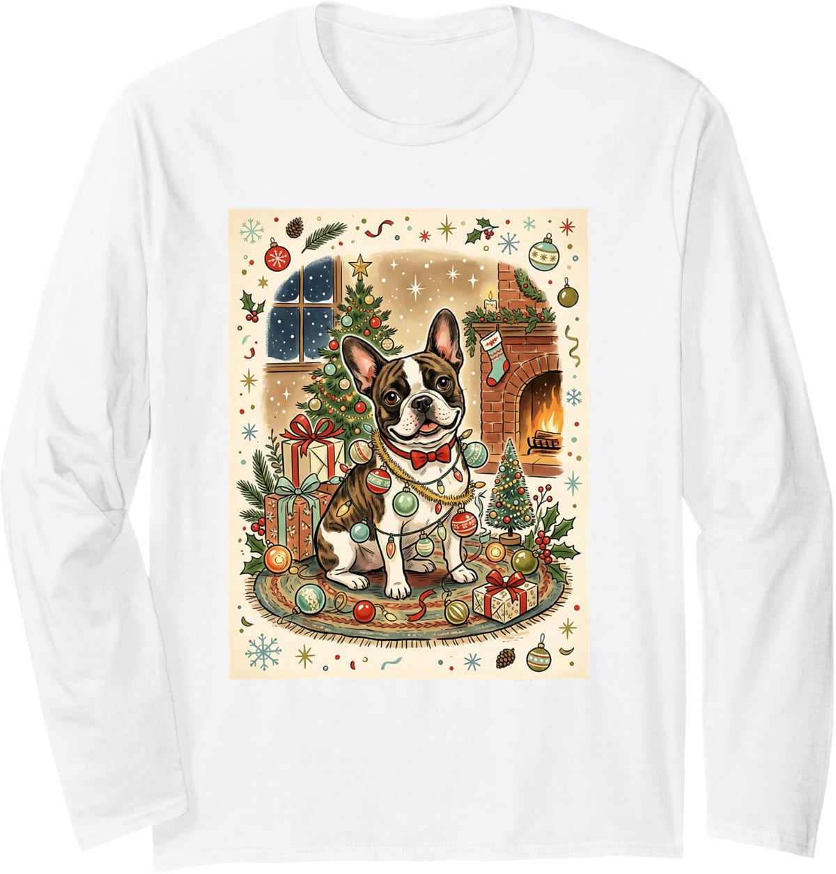 French Bulldog Frenchie String Lights Ornaments Tinsel Retro Long Sleeve T-Shirt - Adult Unisex White