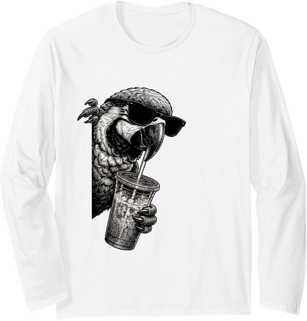 Funny Parrot Peeking Drinking Iced Coffee Bird Humor Long Sleeve T-Shirt - Adult Unisex White