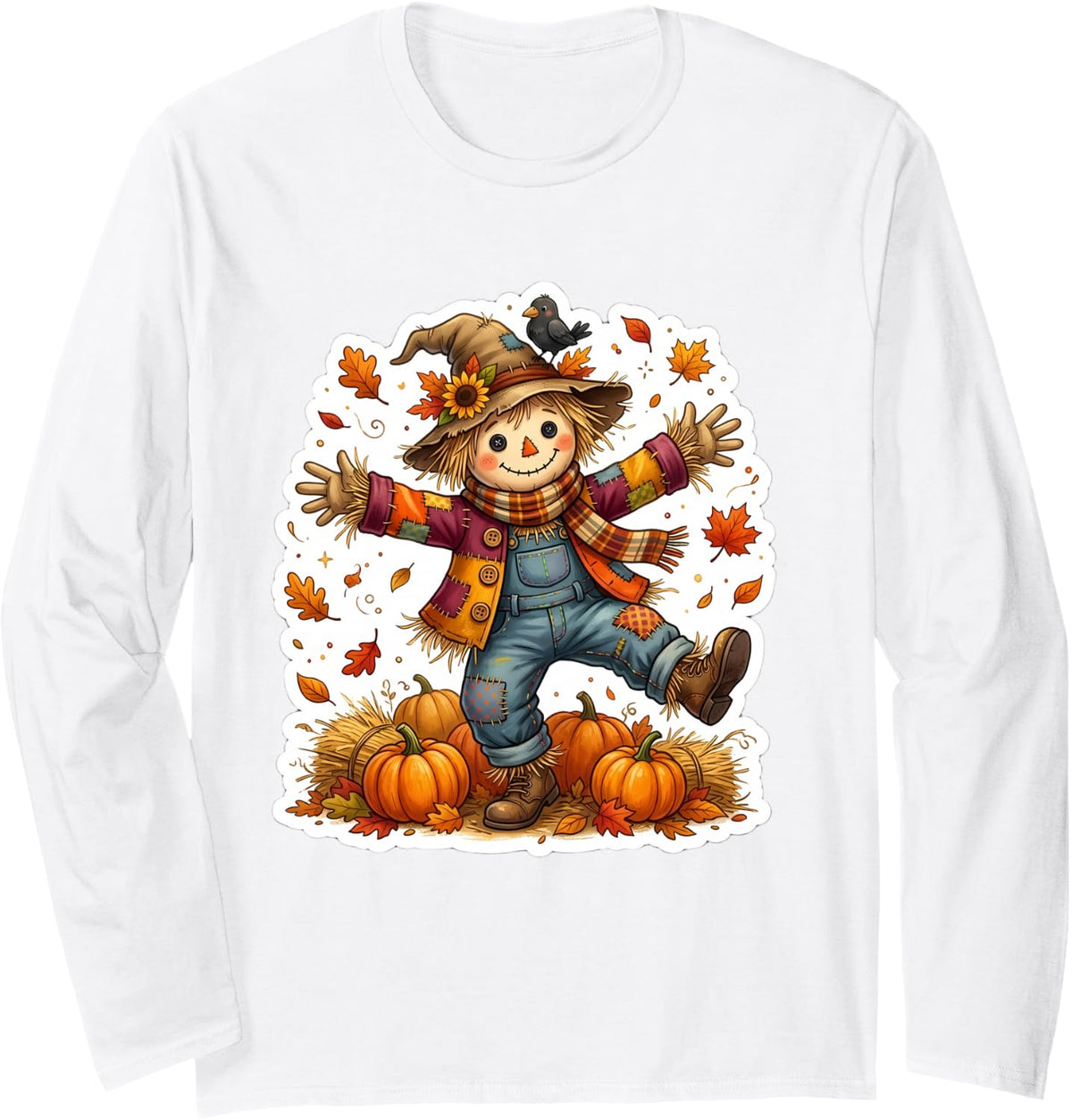 Scarecrow Dancing Pumpkin Happy Thanksgiving Fall Autumn Fun Long Sleeve T-Shirt - Adult Unisex White