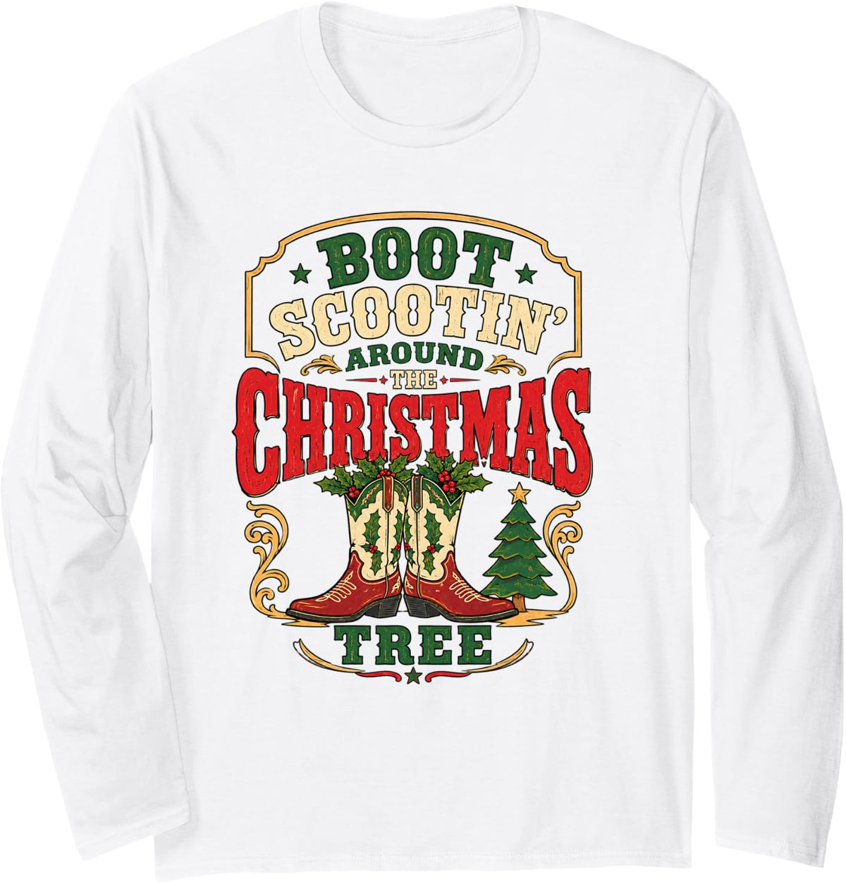 Christmas Cowboy Boots Tree Lights Western Country Dance Fun Long Sleeve T-Shirt - Adult Unisex White