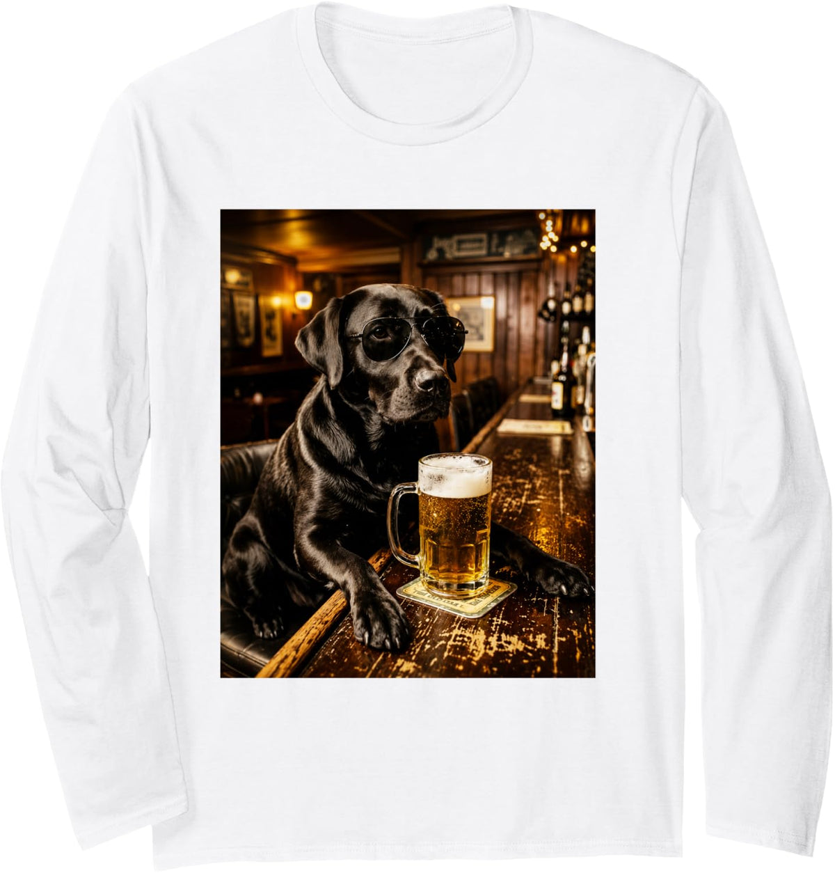 Funny Black Lab Drinking Beer Dog Sunglasses Pub Design Long Sleeve T-Shirt - Adult Unisex White