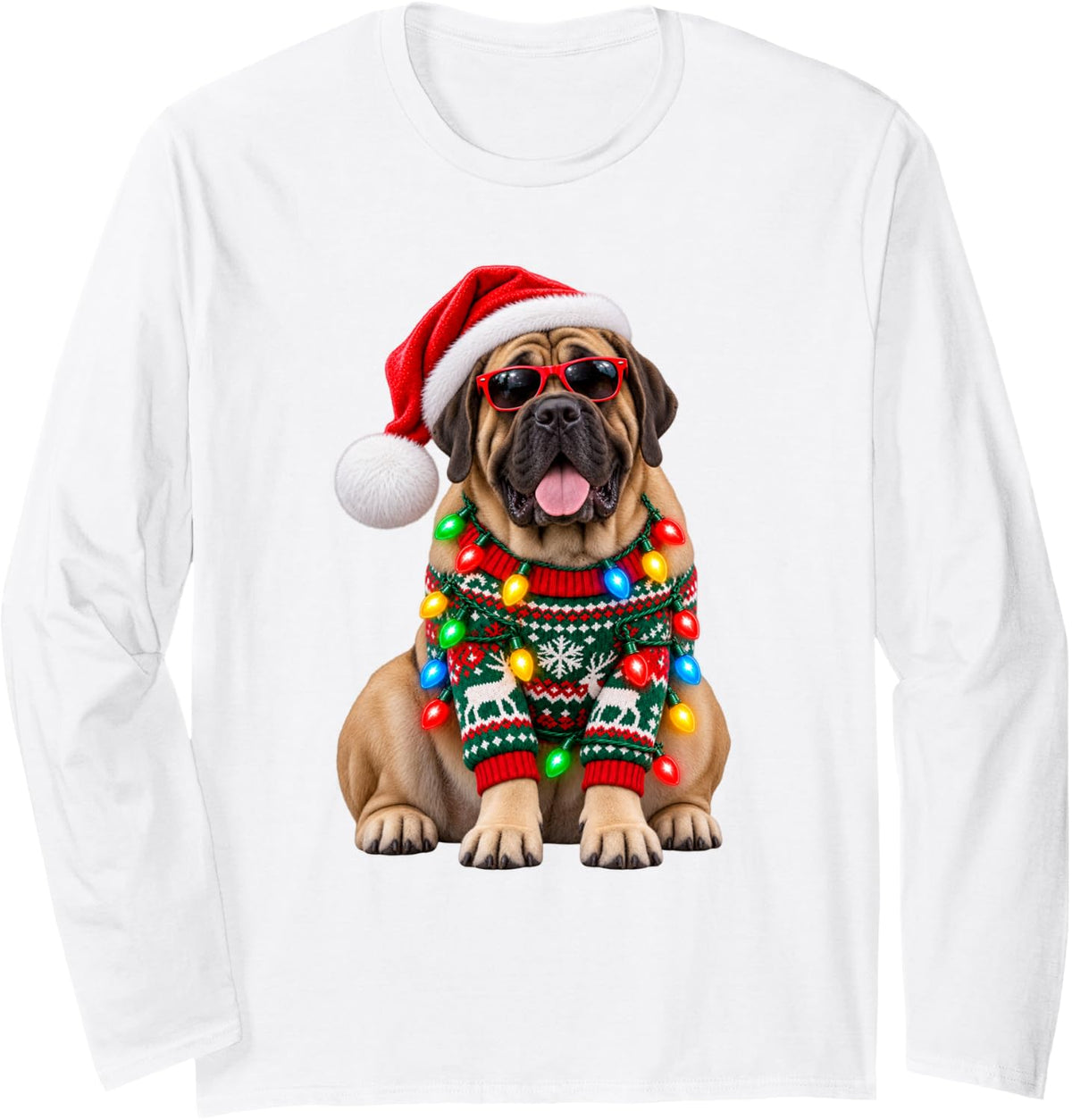 Mastiff Christmas Lights Santa Hat Sunglasses Long Sleeve T-Shirt - Adult Unisex White