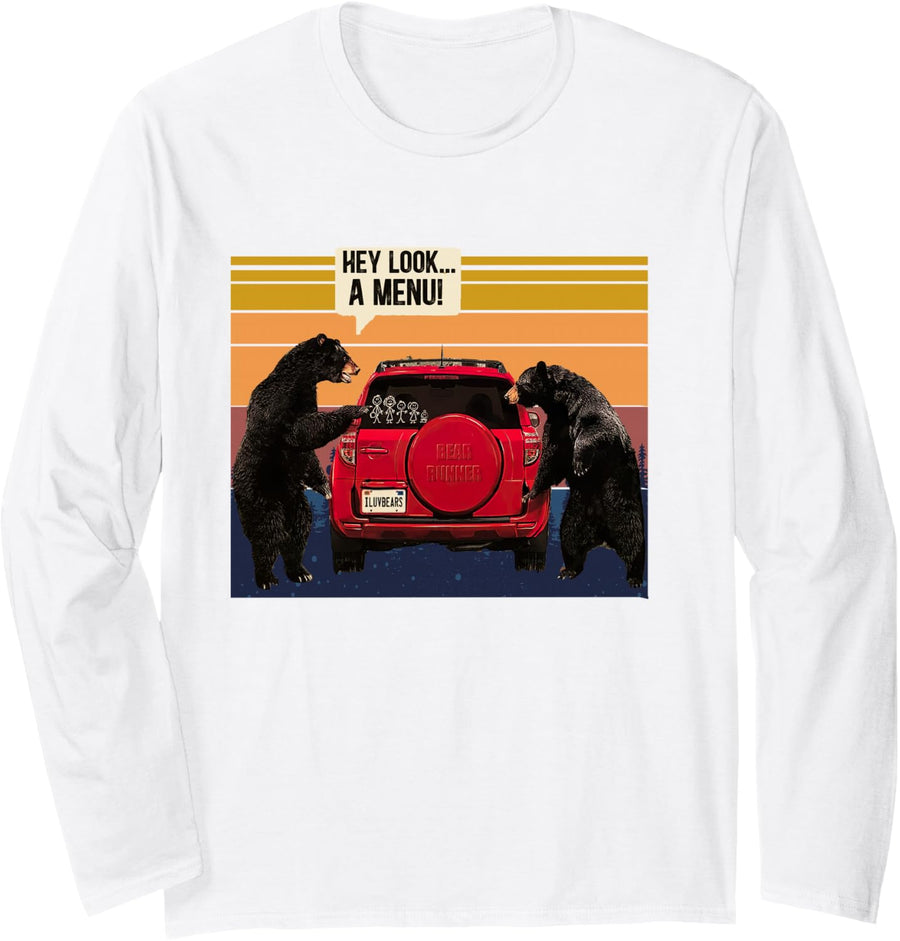 Hey Look A Menu Camping Camper, Retro Vintage Funny Bear Long Sleeve T-Shirt - Adult Unisex White