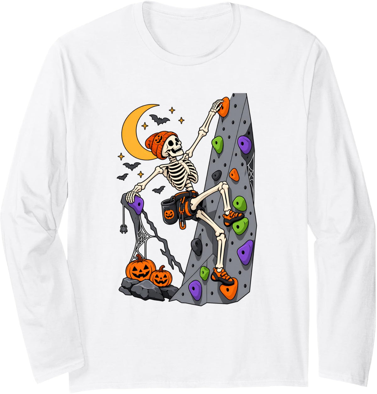 Rock Climbing Skeleton Halloween Bouldering Wall Climber Long Sleeve T-Shirt - Adult Unisex White