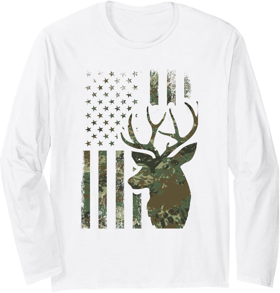 Camo American Flag Buck Hunting Gift for Elk Deer Hunter Men Long Sleeve T-Shirt - Adult Unisex White