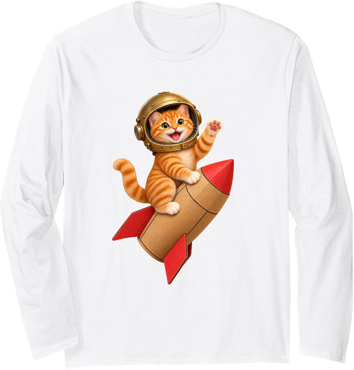 Space Cat Riding a Cardboard Rocket - Cute Astronaut Kitten Long Sleeve T-Shirt - Adult Unisex White