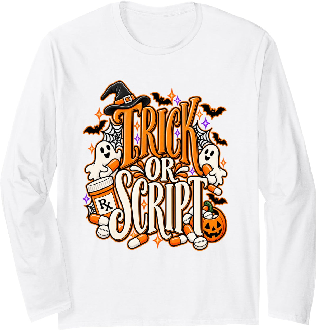 Pharmacy Tech Halloween Shirt Trick Or Script Pharmacist Long Sleeve T-Shirt - Adult Unisex White