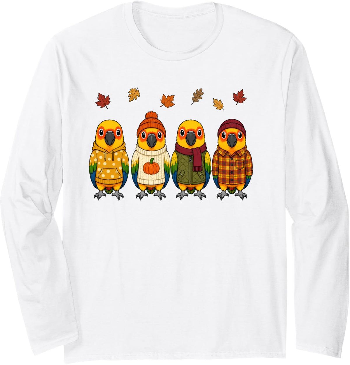 Sun Conure Fall Autumn Season Pumpkin Parrot Long Sleeve T-Shirt - Adult Unisex White