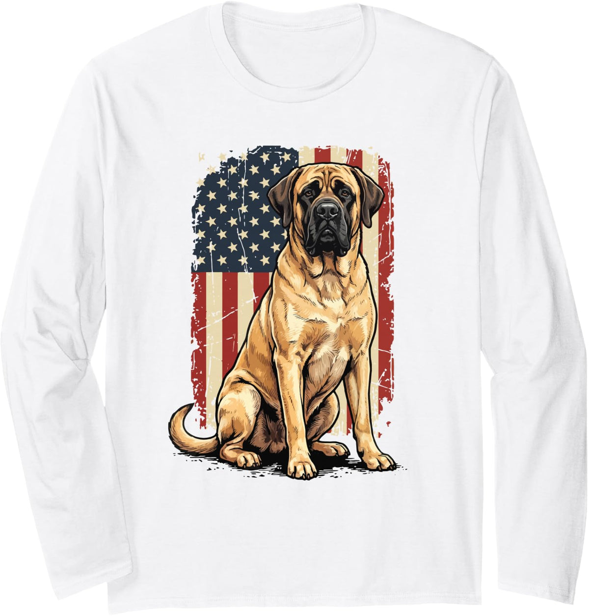English Mastiff US Flag 4th of July Long Sleeve T-Shirt - Adult Unisex White